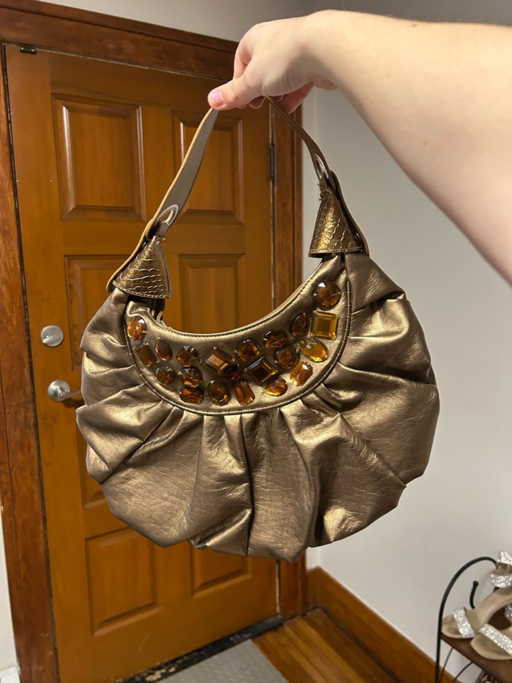 Metallic Bronze Embellished Hobo Bag